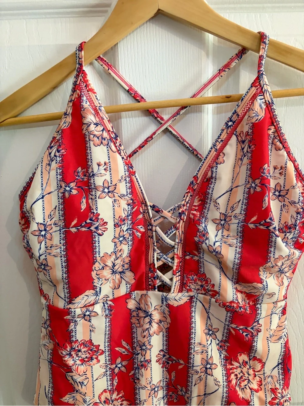 Vintage Kate Spade One Piece Red, Peach, & White Stripes with Floral Motif - L